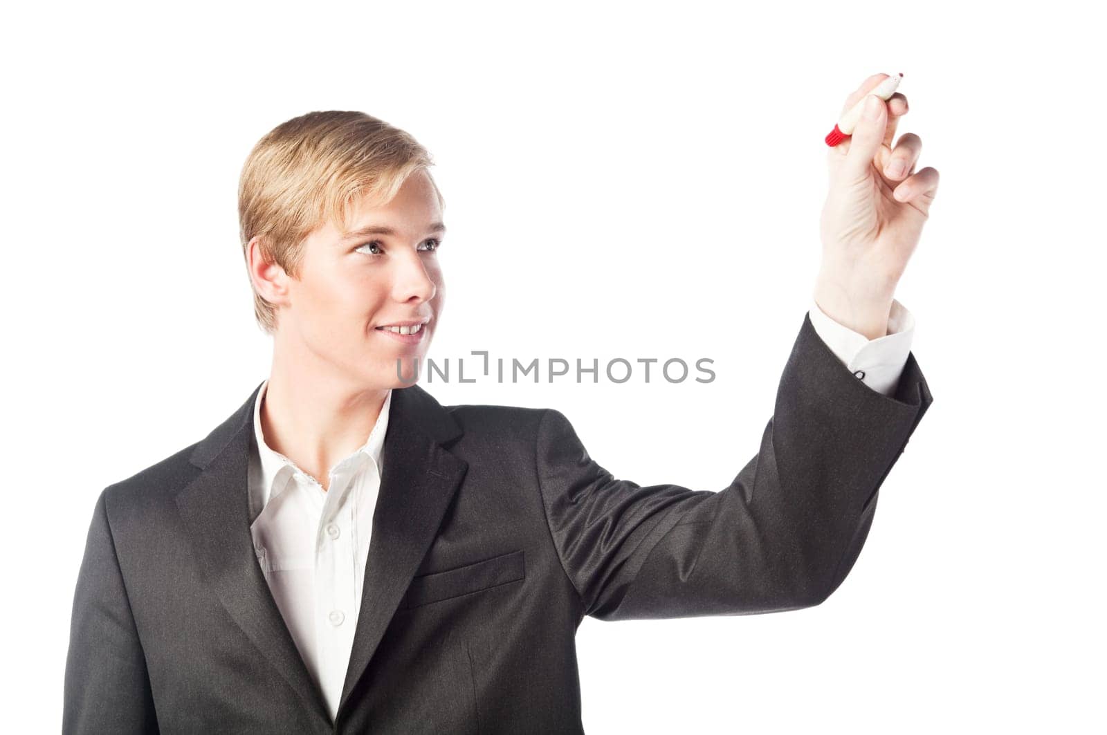 Young handsome smiling man drawing a chart