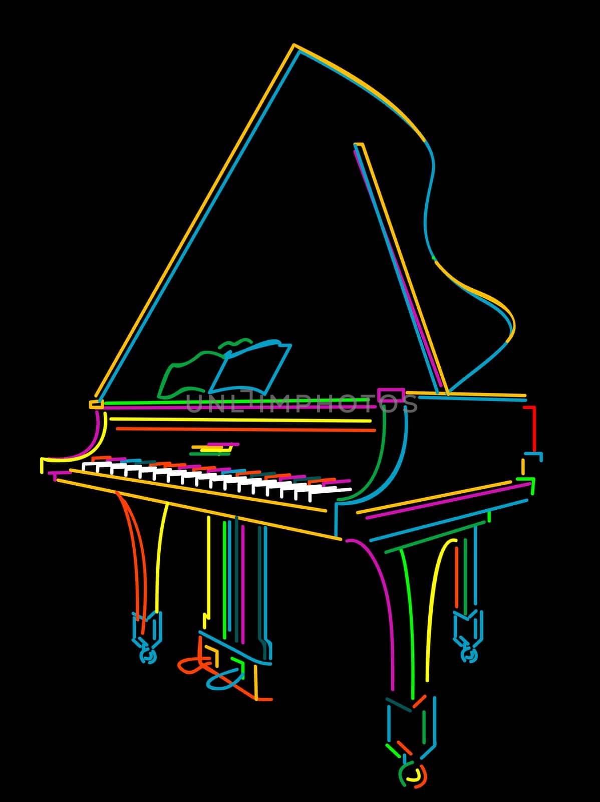 Classical grand piano sketch over black