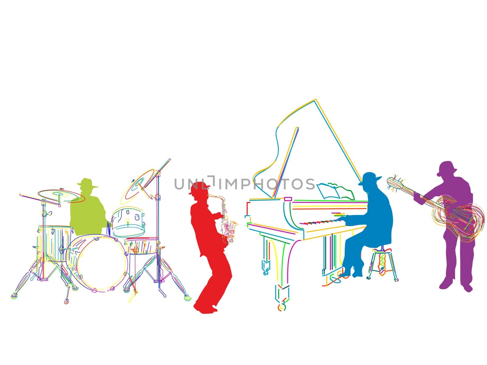 Jazz band sketch, isolated and grouped over white background