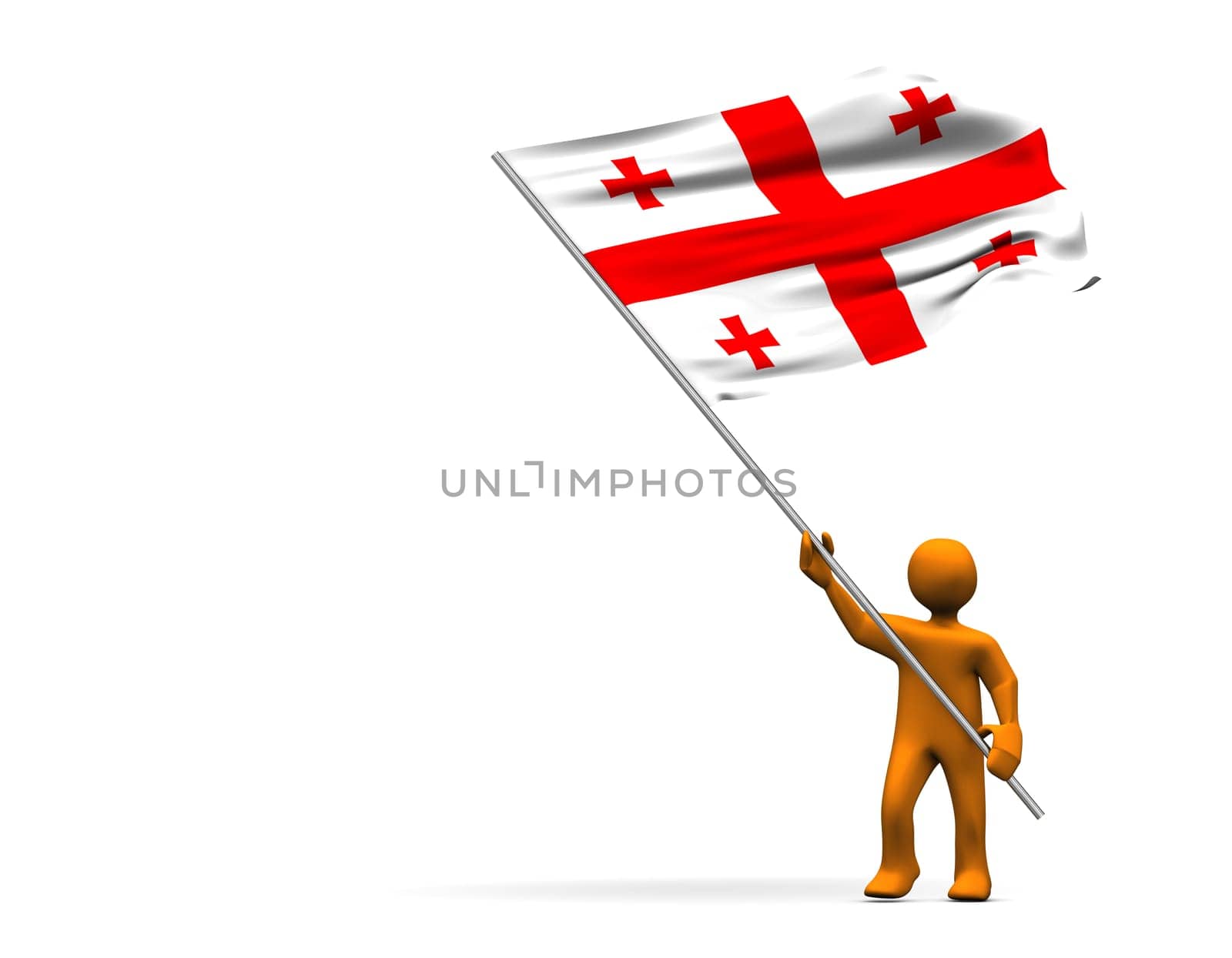 Orange cartoon with a big flag of Georgia, isolated on white.
