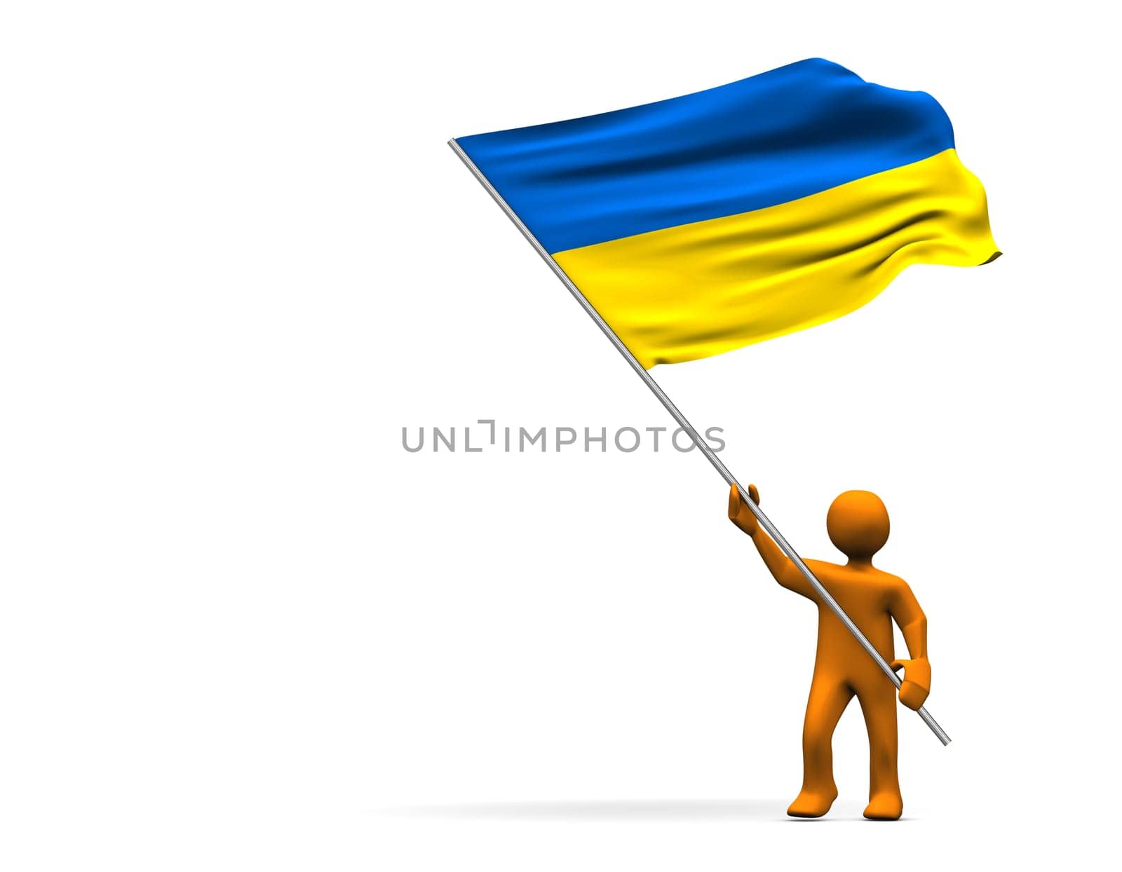 Orange cartoon with a big flag of Ukraine, isolated on white.