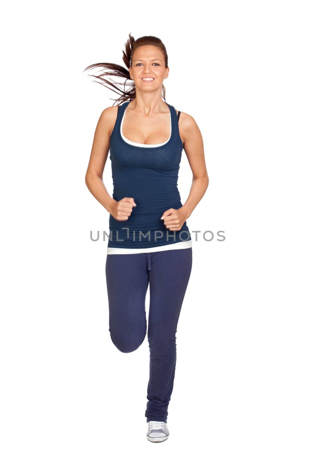 Attractive girl running isolated on white background