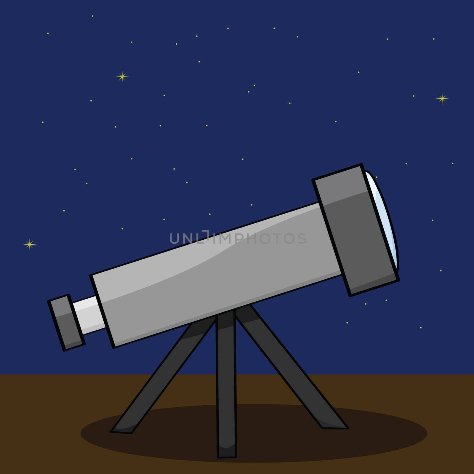 Cartoon illustration of a telescope with a starry night sky in the background