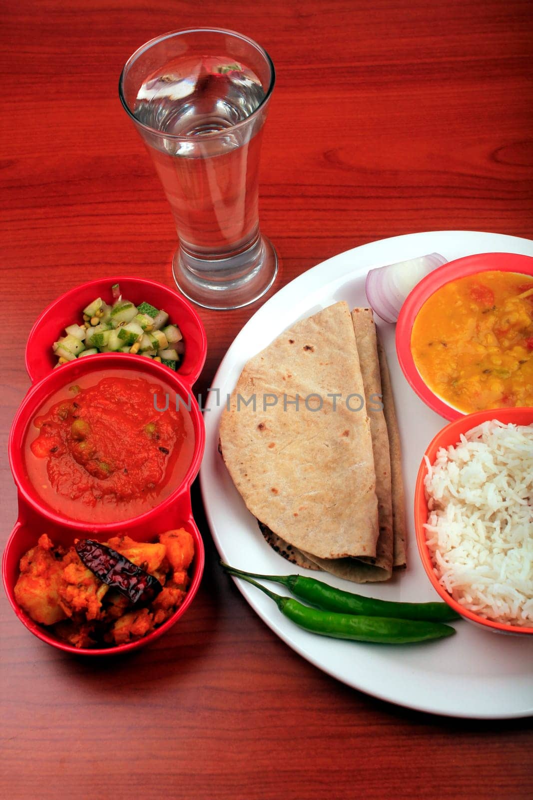 Indian food with chapatti, rice and curries
