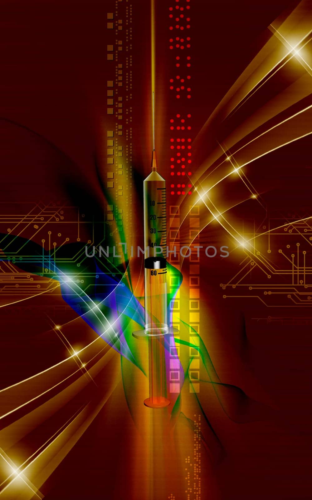Digital illustration of syringe in colour background