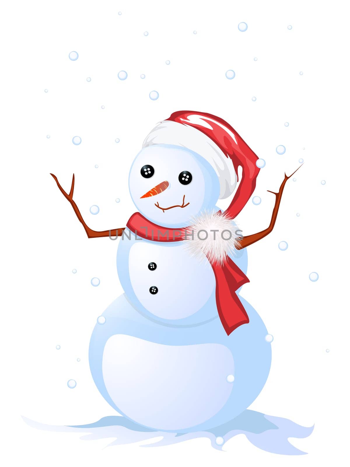 Image shows a smiling snow man, isolated and grouped objects over white