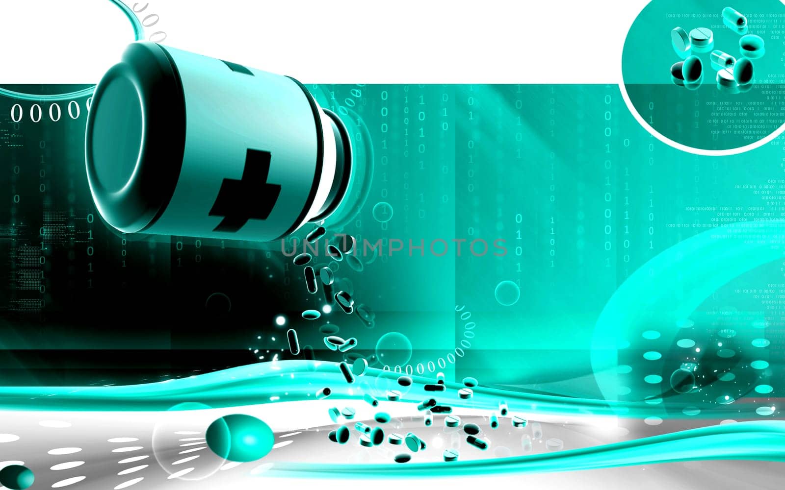 Digital illustration of capsule bottle in colour background