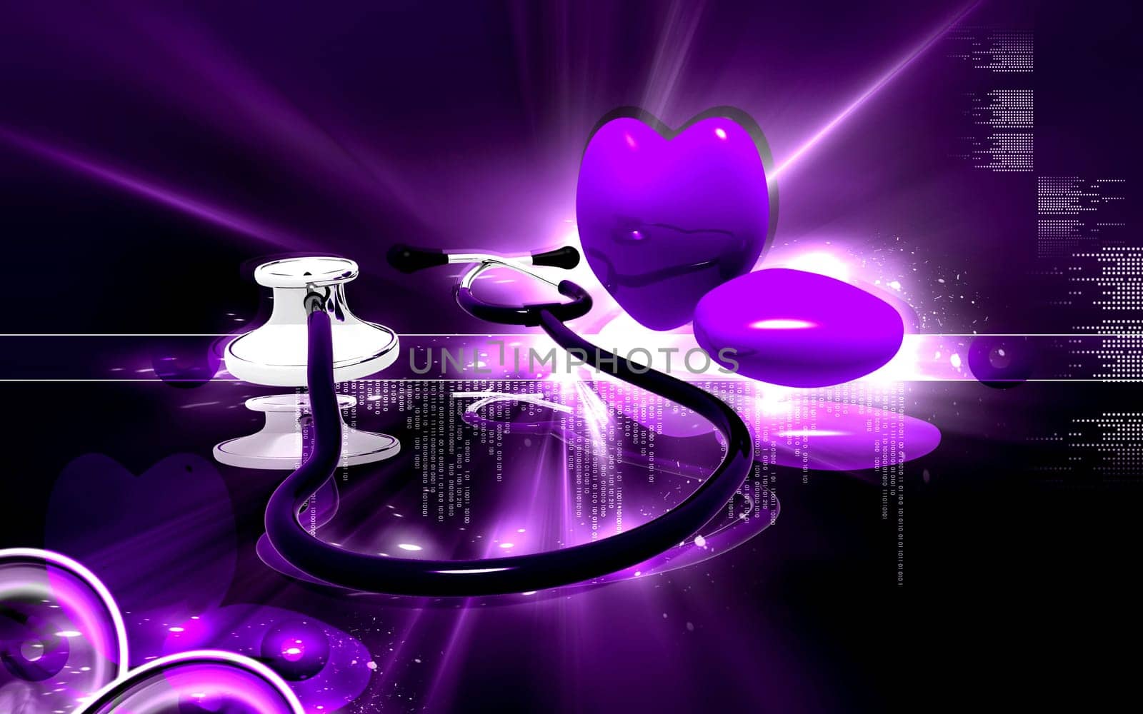 Digital illustration of stethoscope and heart in colour background
