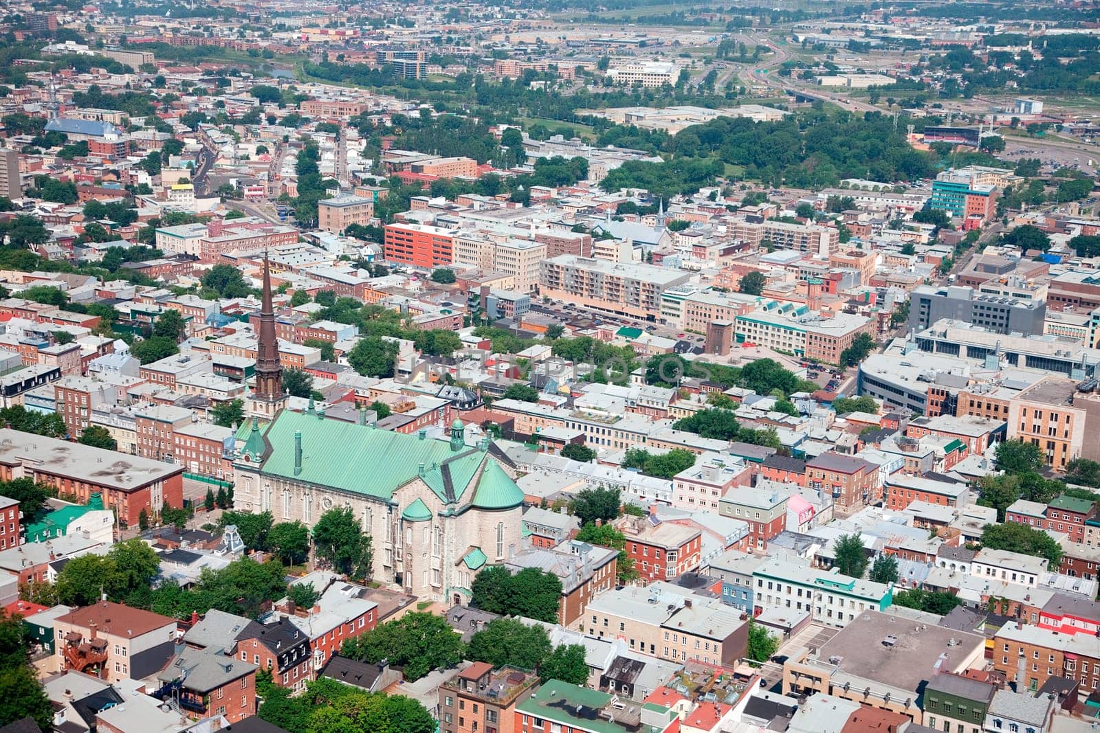 This is an elevated view of Quebec City, Province of Quebec, Canada. The Saint-Jean Baptiste church can be seen.