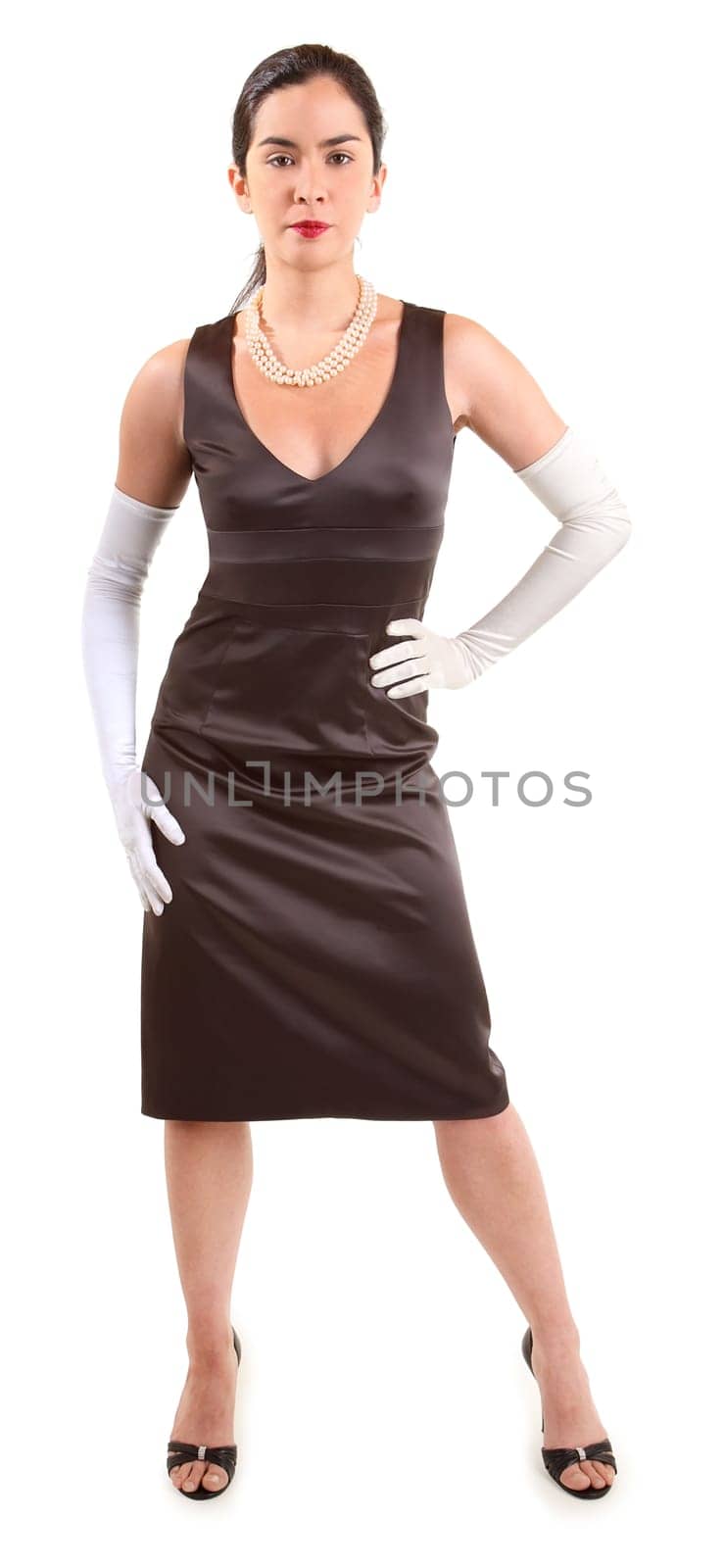 A beautiful lady in a classy dress wearing white gloves