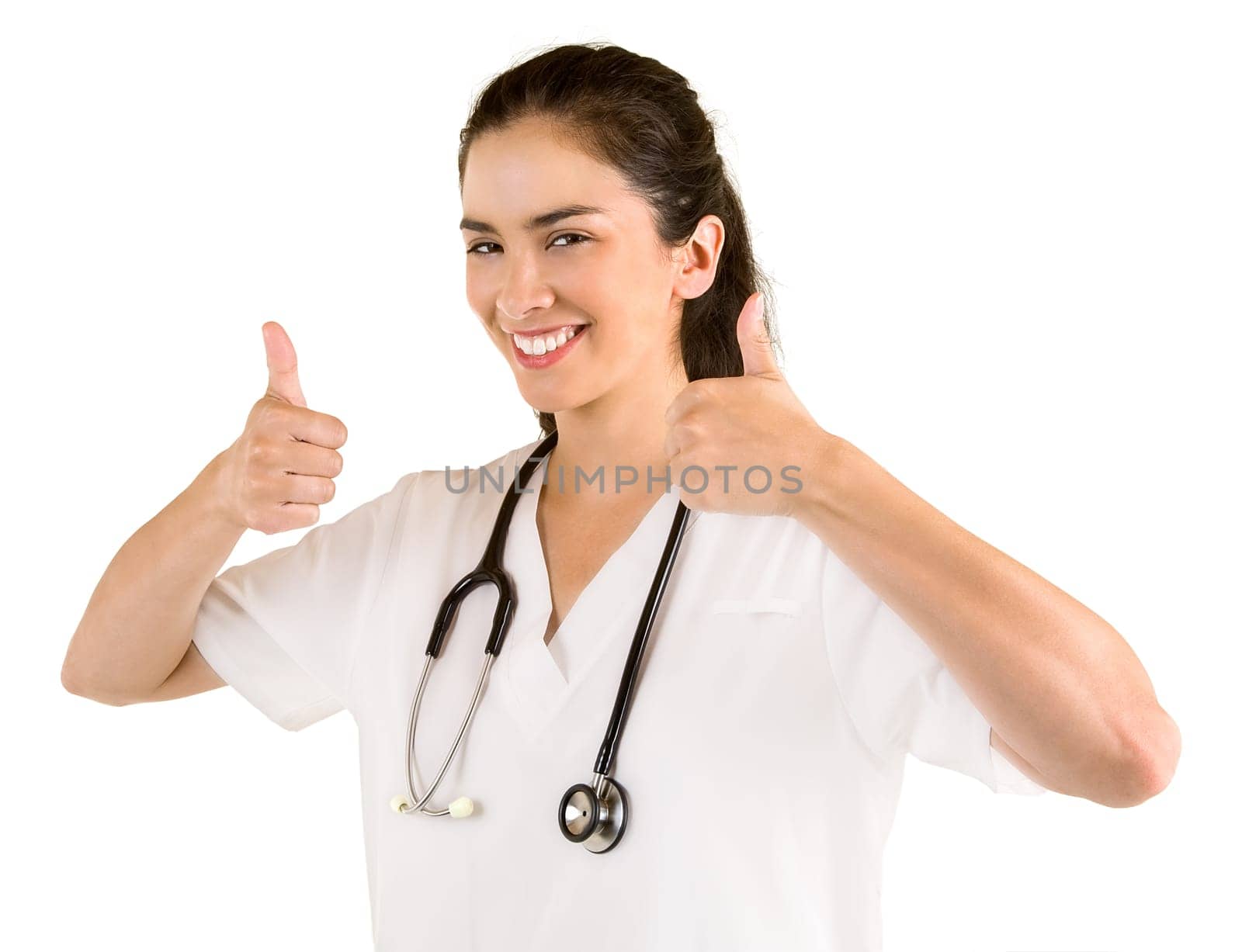 A nurse or doctor is smiling with her thumbs up.