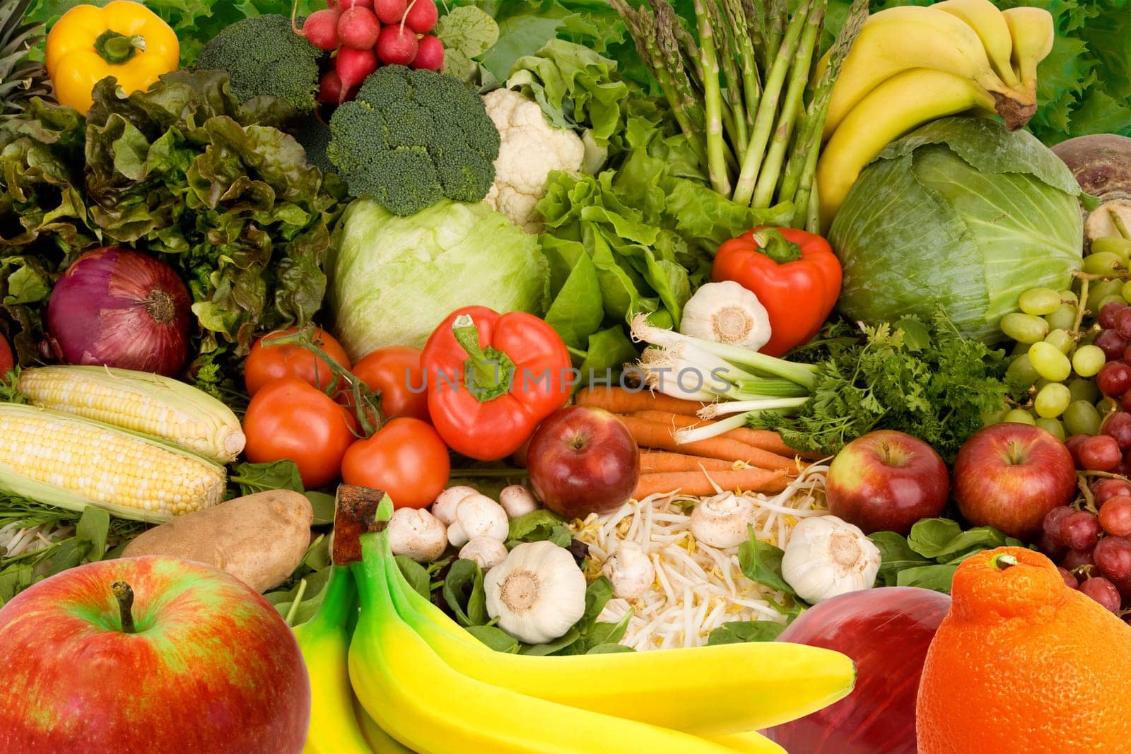 This is a display of various fruits and vegetables