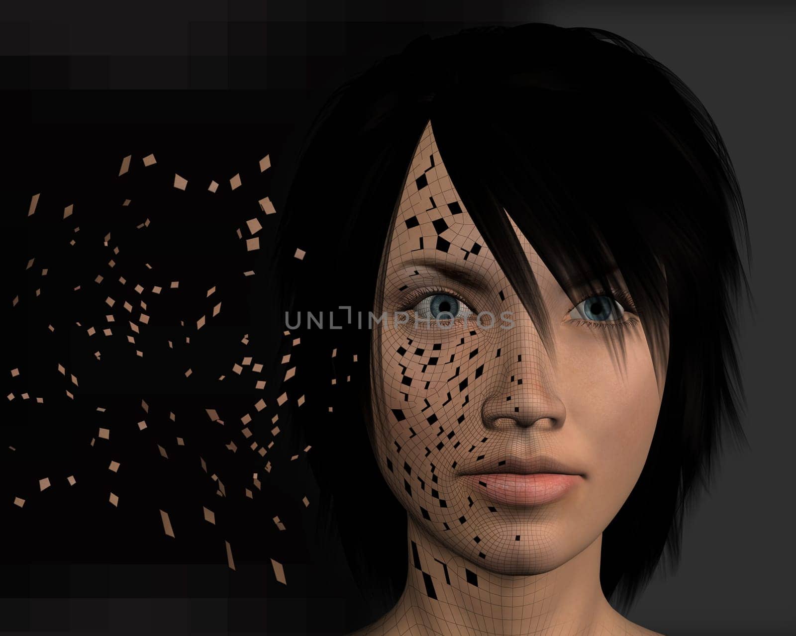 Wired woman downloading data from the internet. Futuristic 3d illustration.