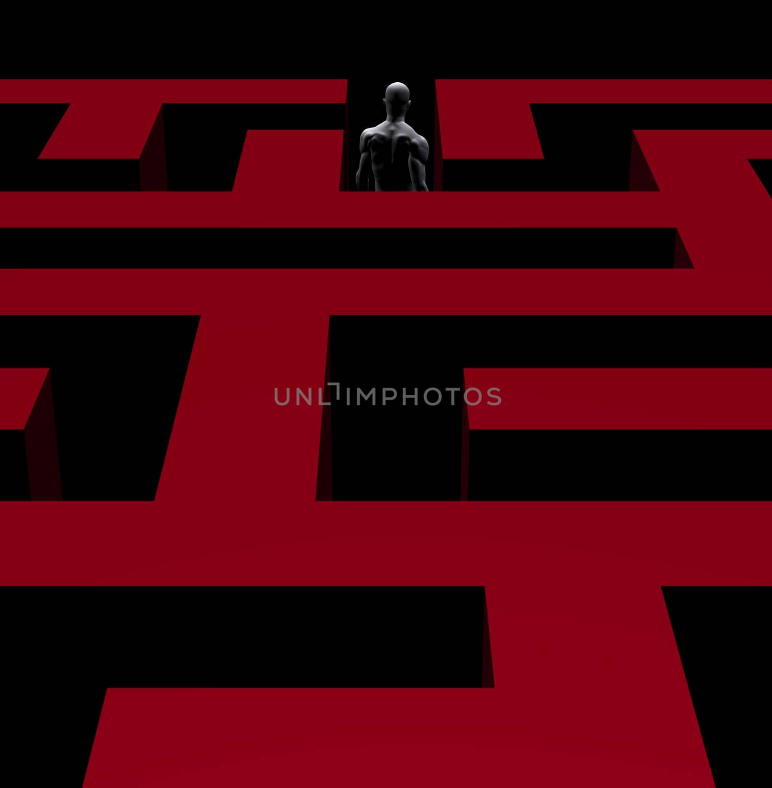 Man finds a solution to exit complex maze. 3d conceptual illustration.