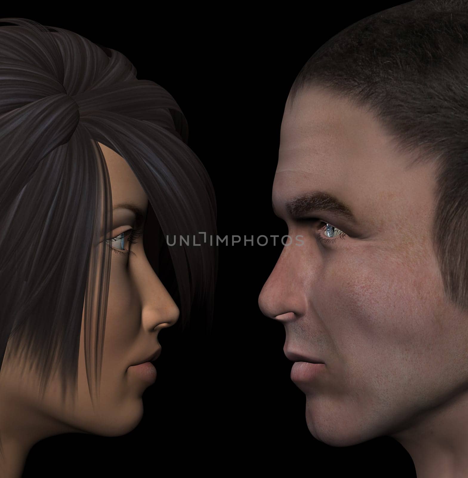 Young couple in love looking into each other&#039 s eyes. Man and woman 3d illustration.