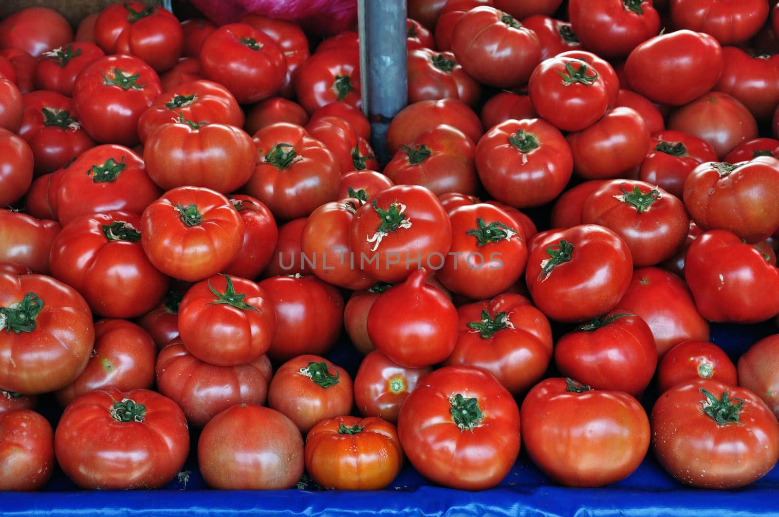 Fresh tomatoes for sale at grocery store. Vegetables background.