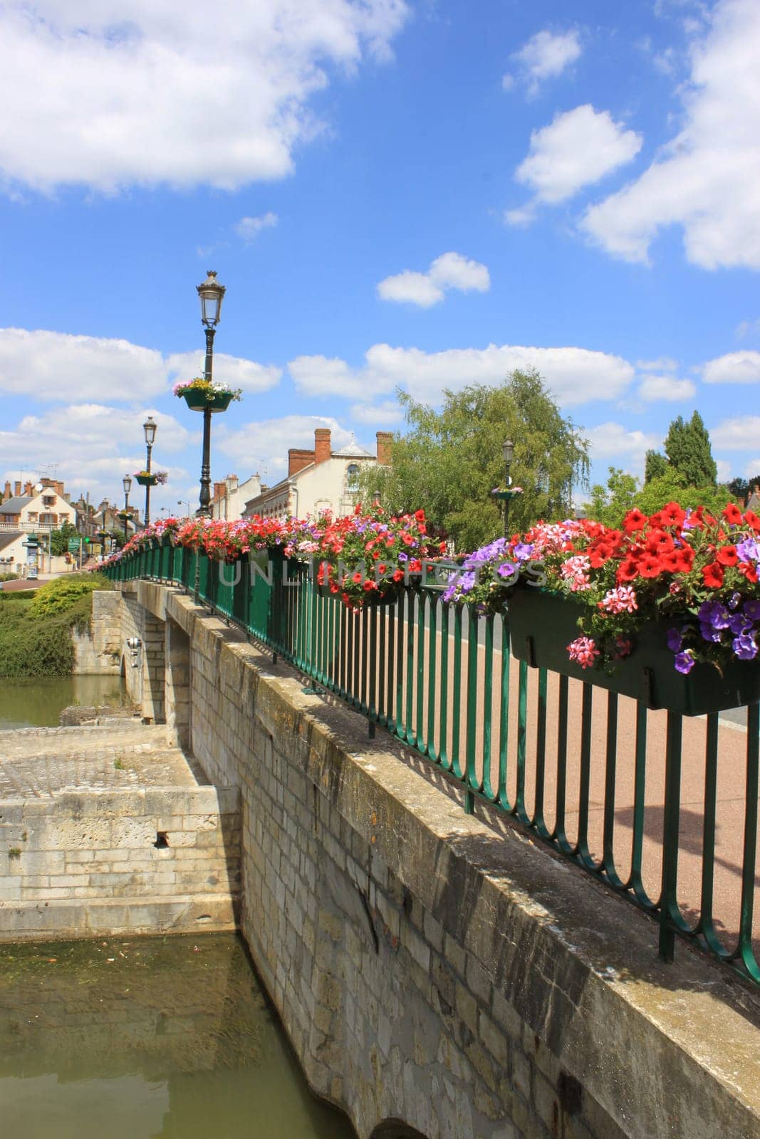 A bridge over a canal in bloom along a road on blue sky with clouds