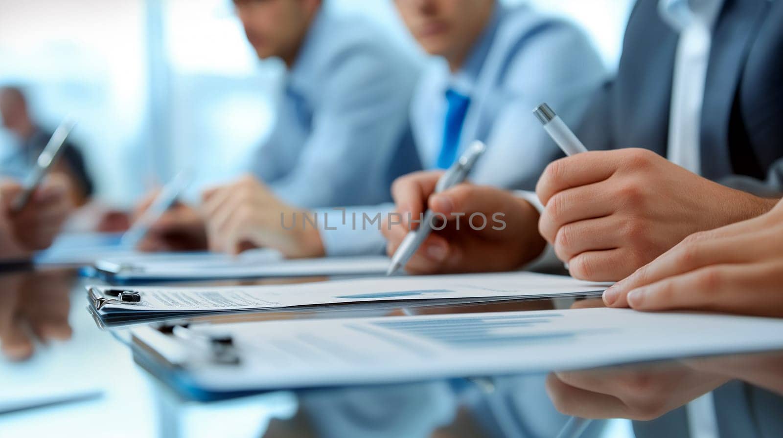 A group of business professionals is focused on reviewing documents at a sleek conference table. They write notes and discuss important points - Generative AI