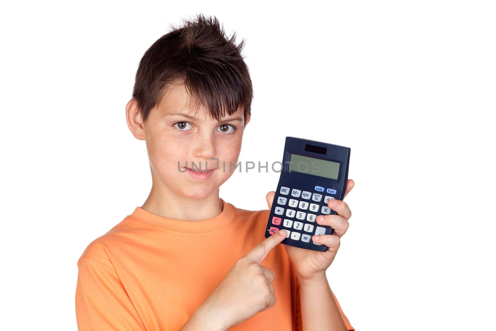 Funny child with a calculator isolated on white background
