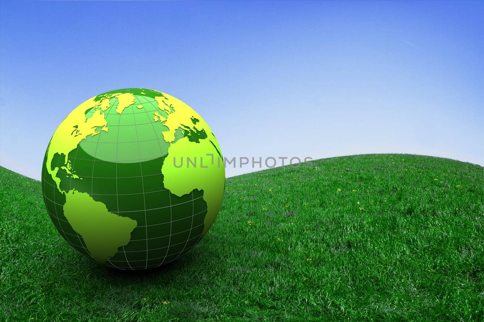 3d green globe on grass - ecology concept
