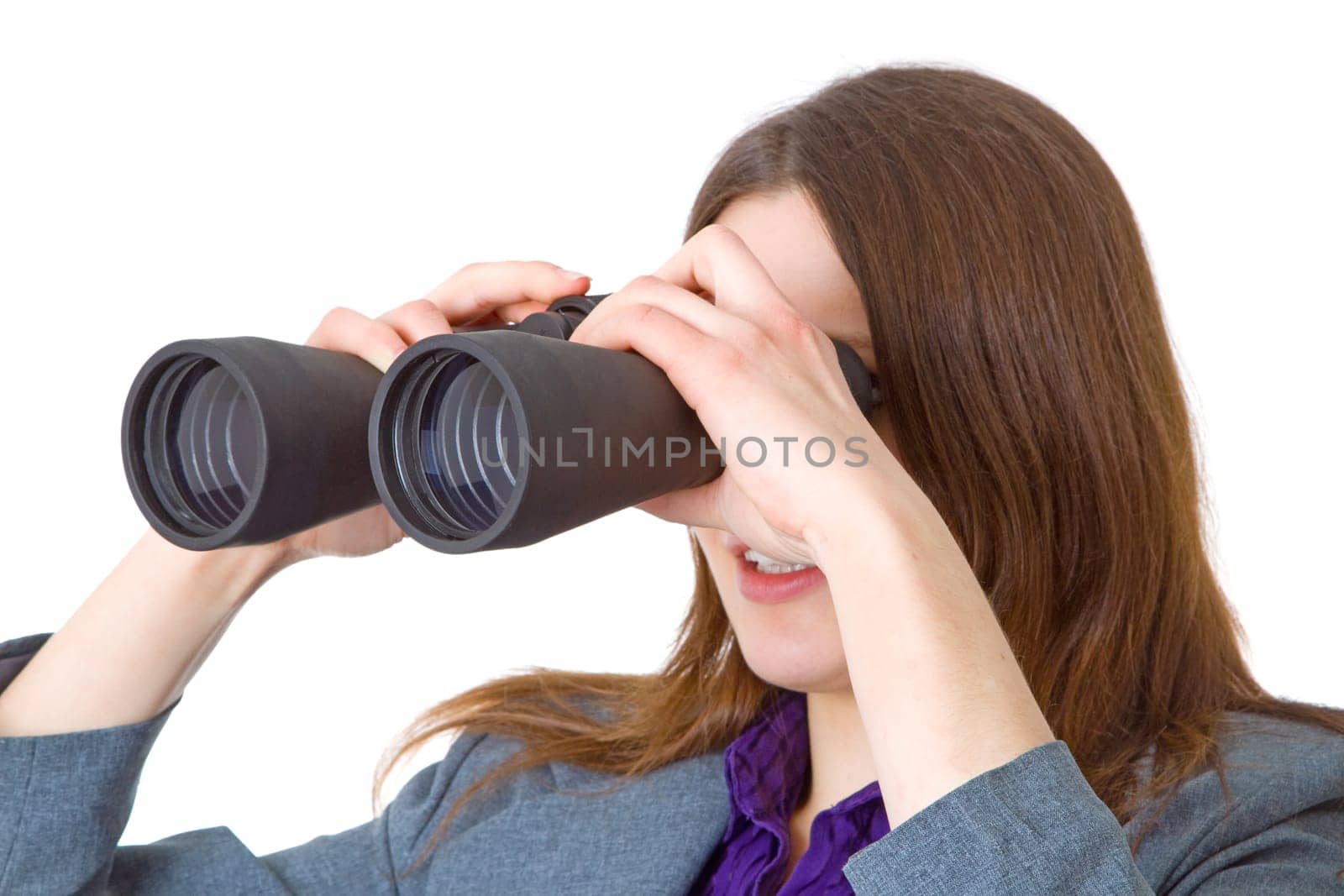 Businesswoman with binoculars isolated on white background