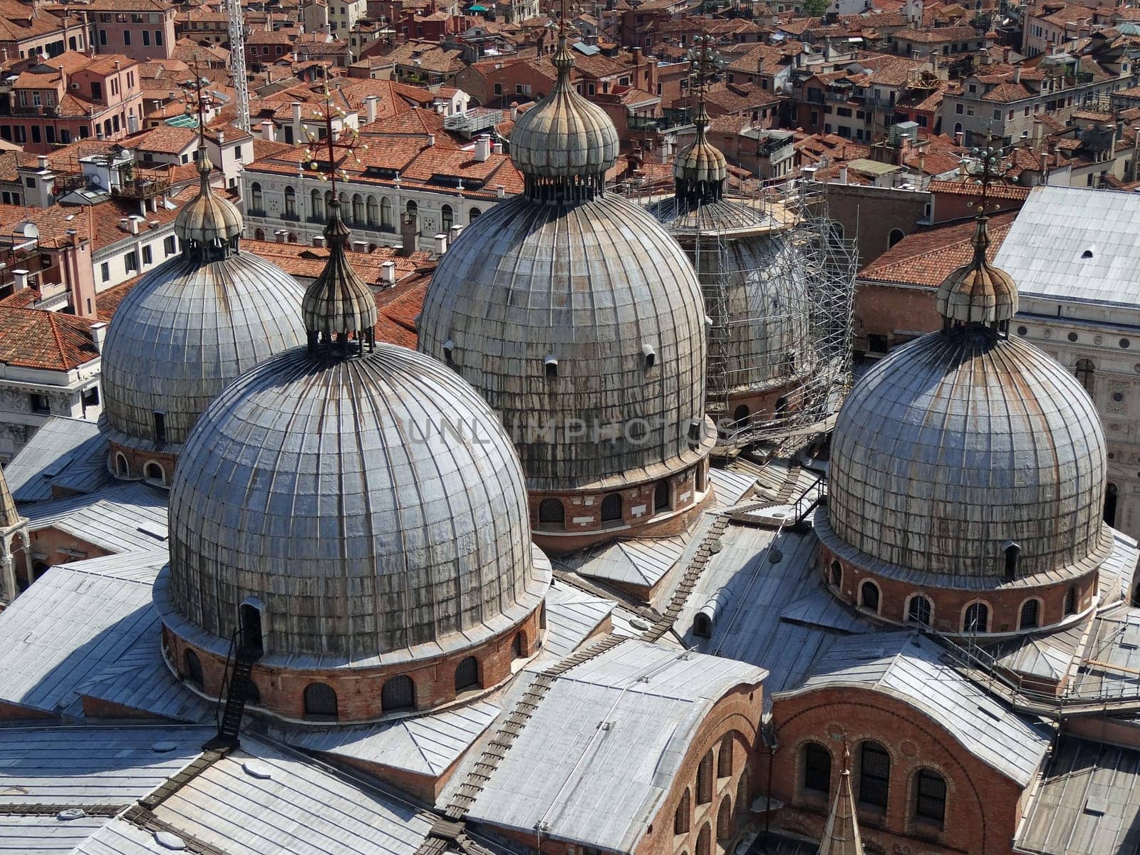 aerial view with basilica st Mark domes, from Campanile&#039 s tower on St Mark square