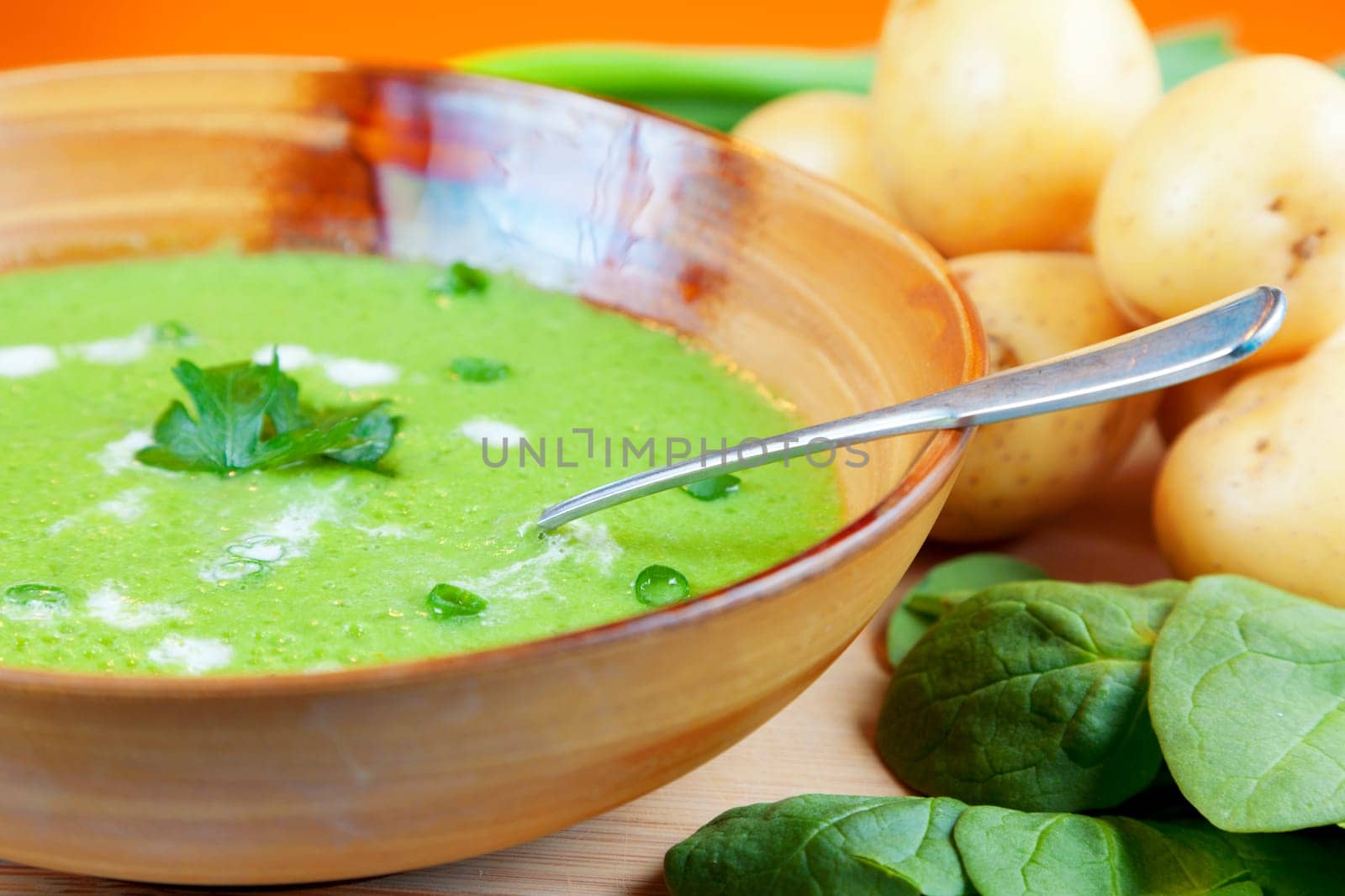 Homemade soup surrounded by fresh ingredients