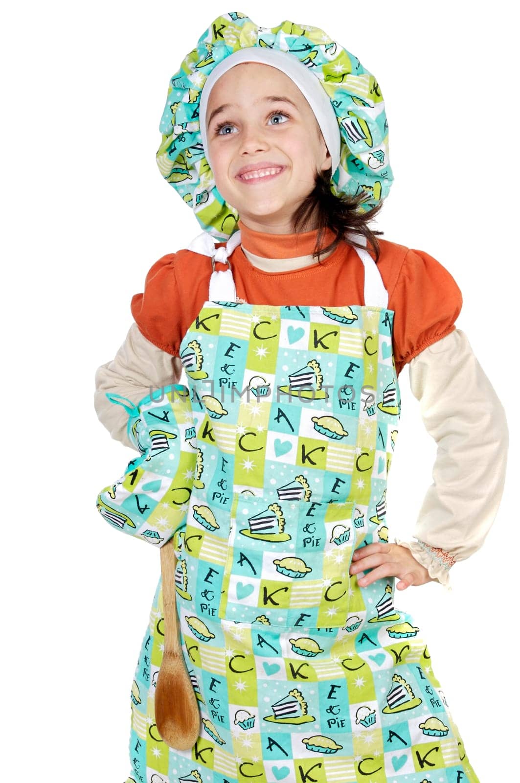 adorable future cook watching upwards a over white background
