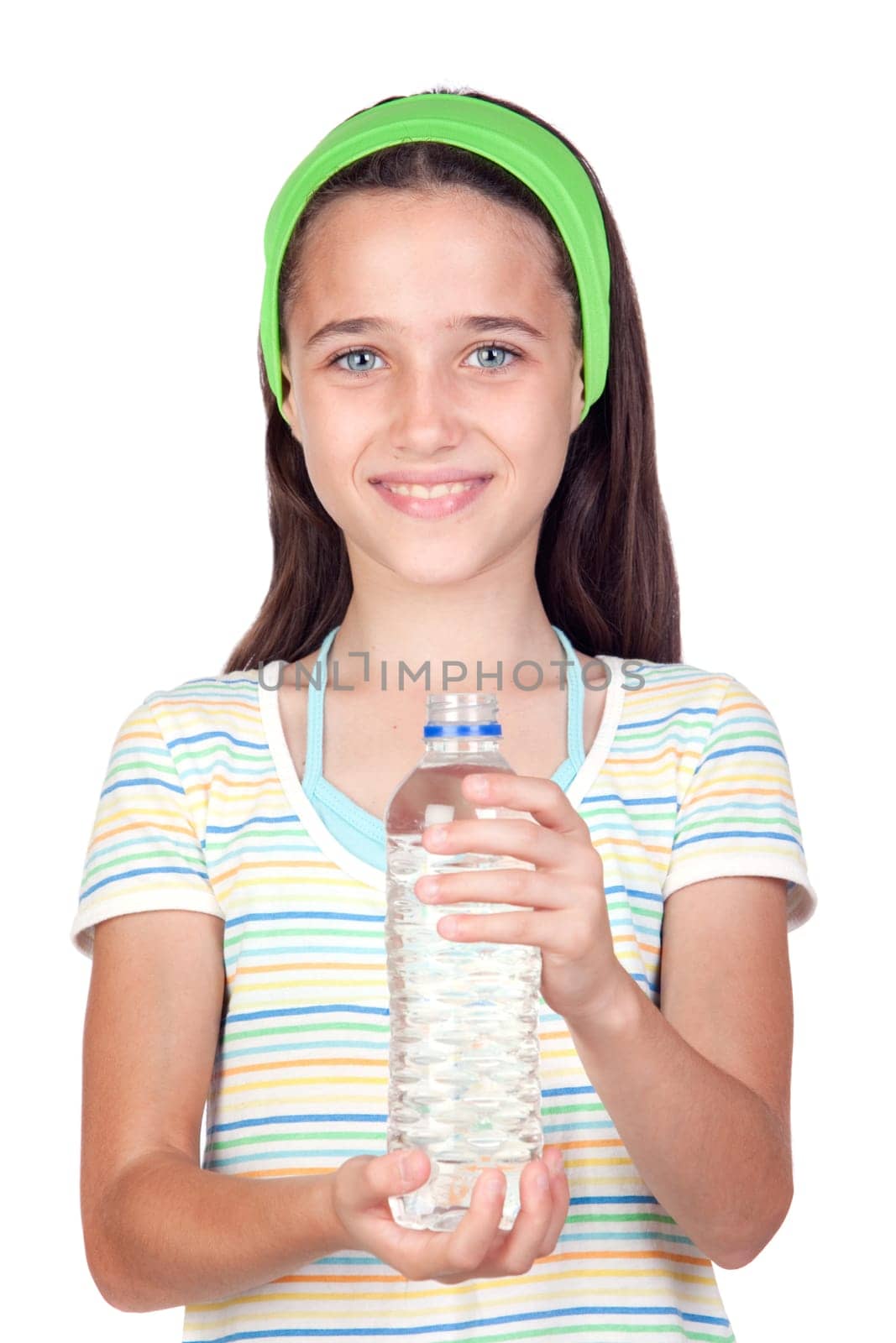 Funny child with water bottle isolated on white background