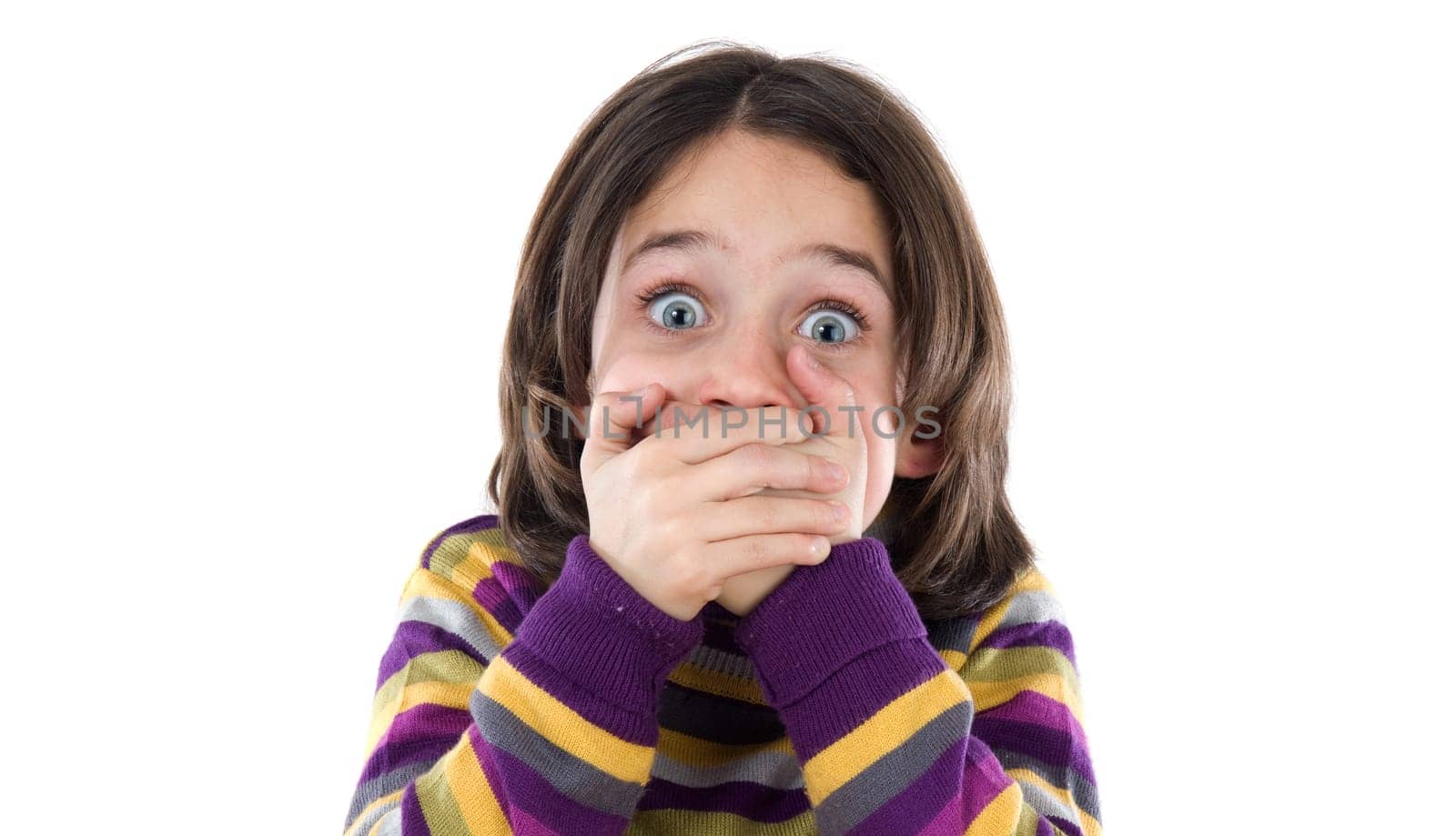 Graceful gesture of a girl covered his mouth on a white background