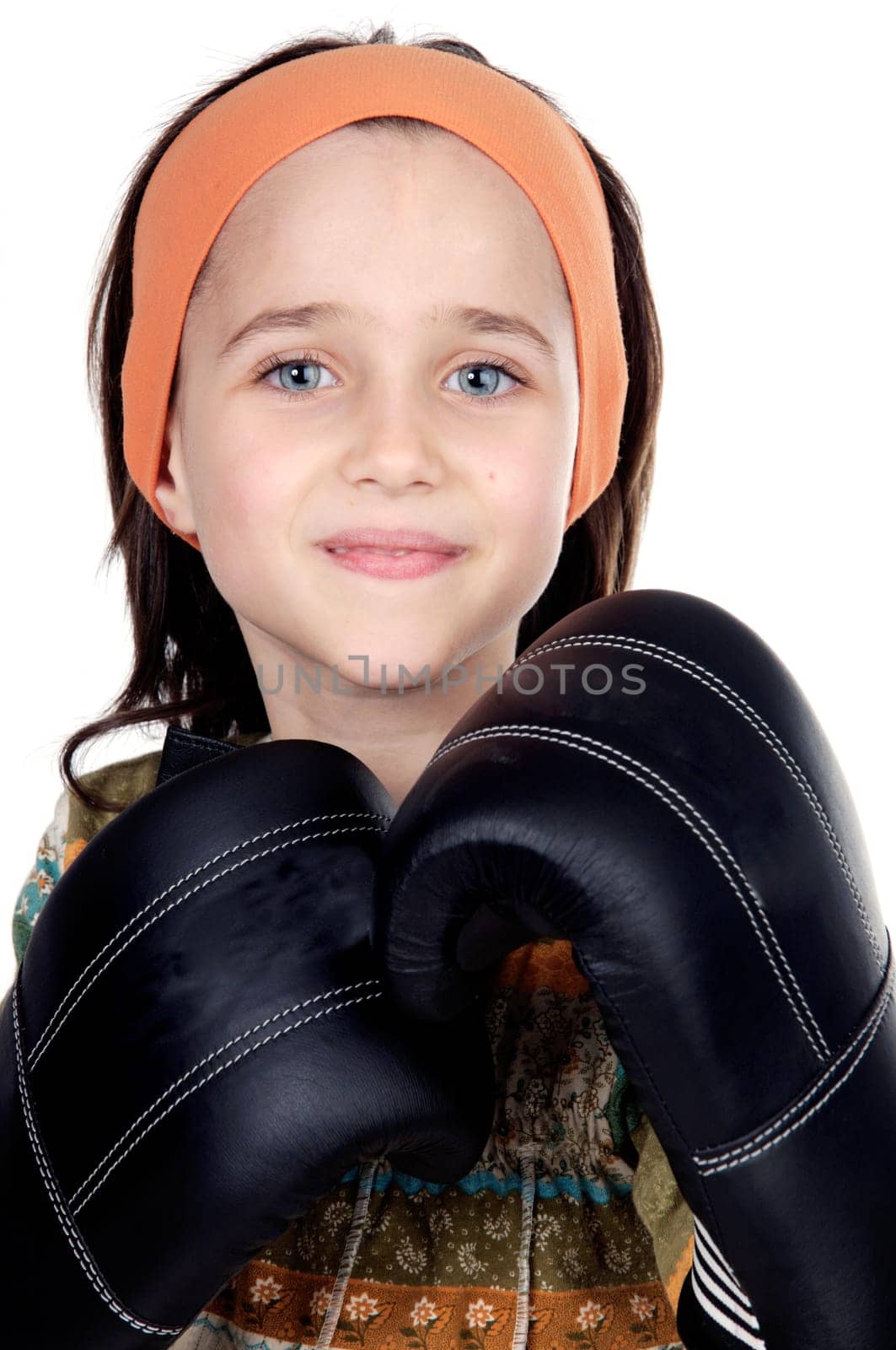 Girl with boxing gloves isolated on white