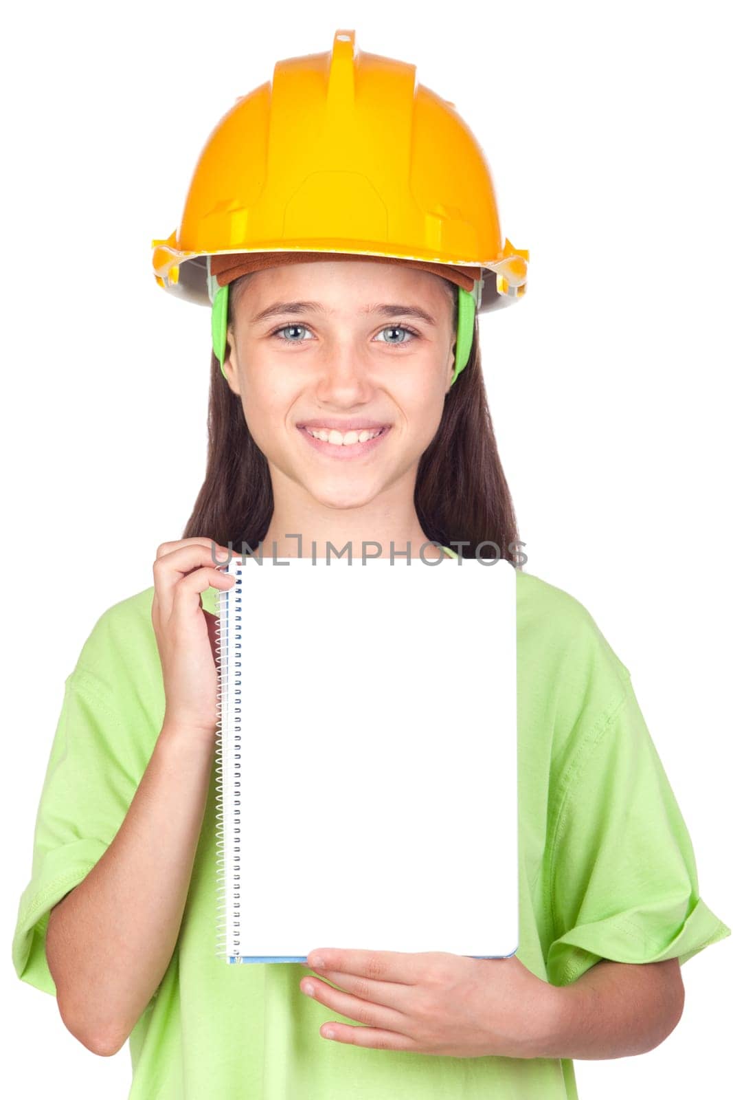 Adorable little girl with yellow helmet and notebook isolated on white background