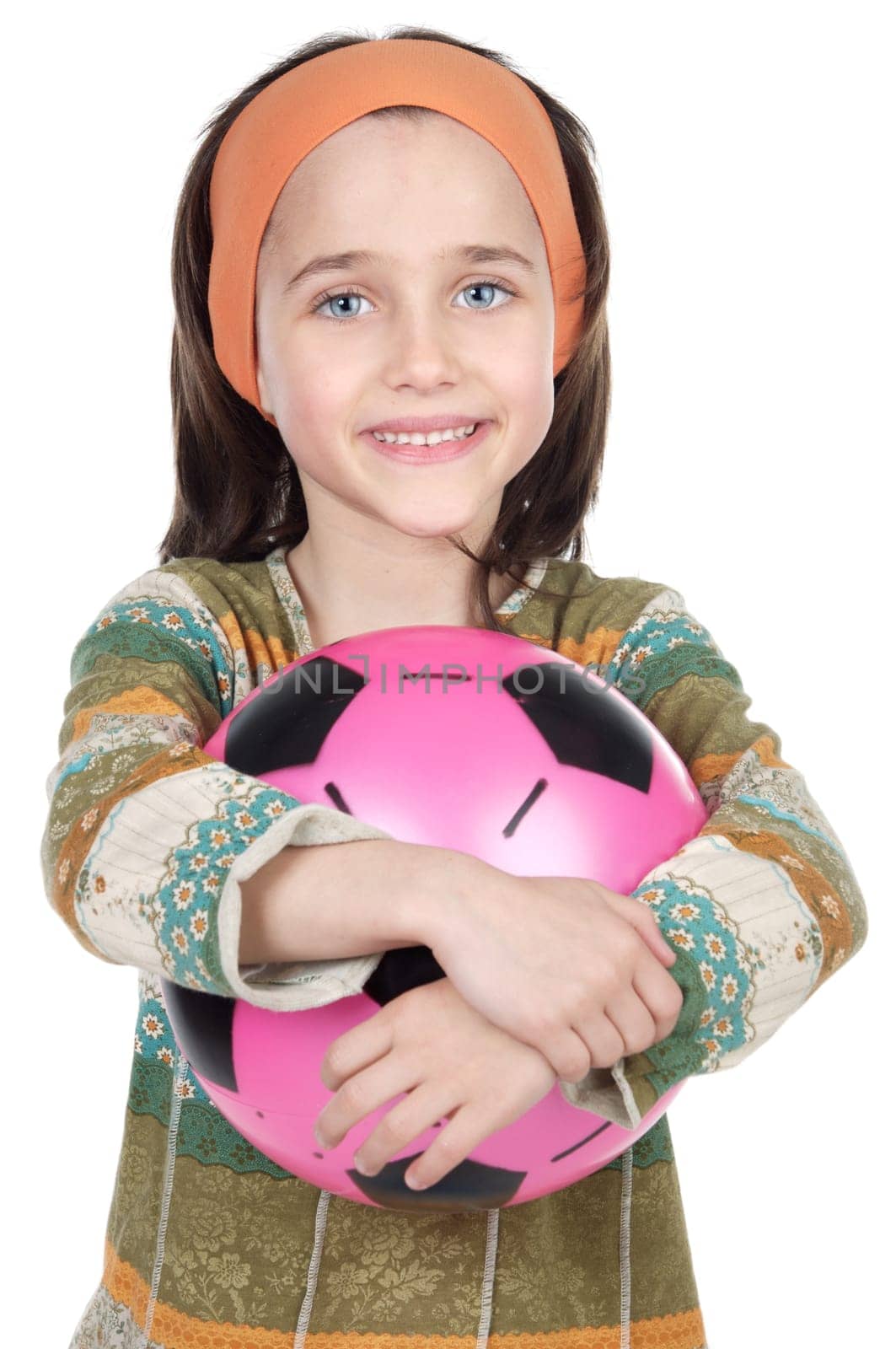 adorable girl whit ball a over white background