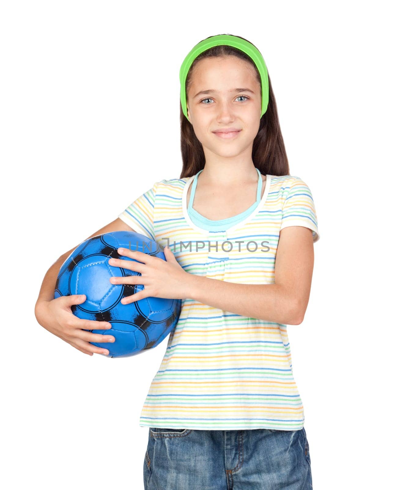 Adorable little girl with soccer ball isolated over white
