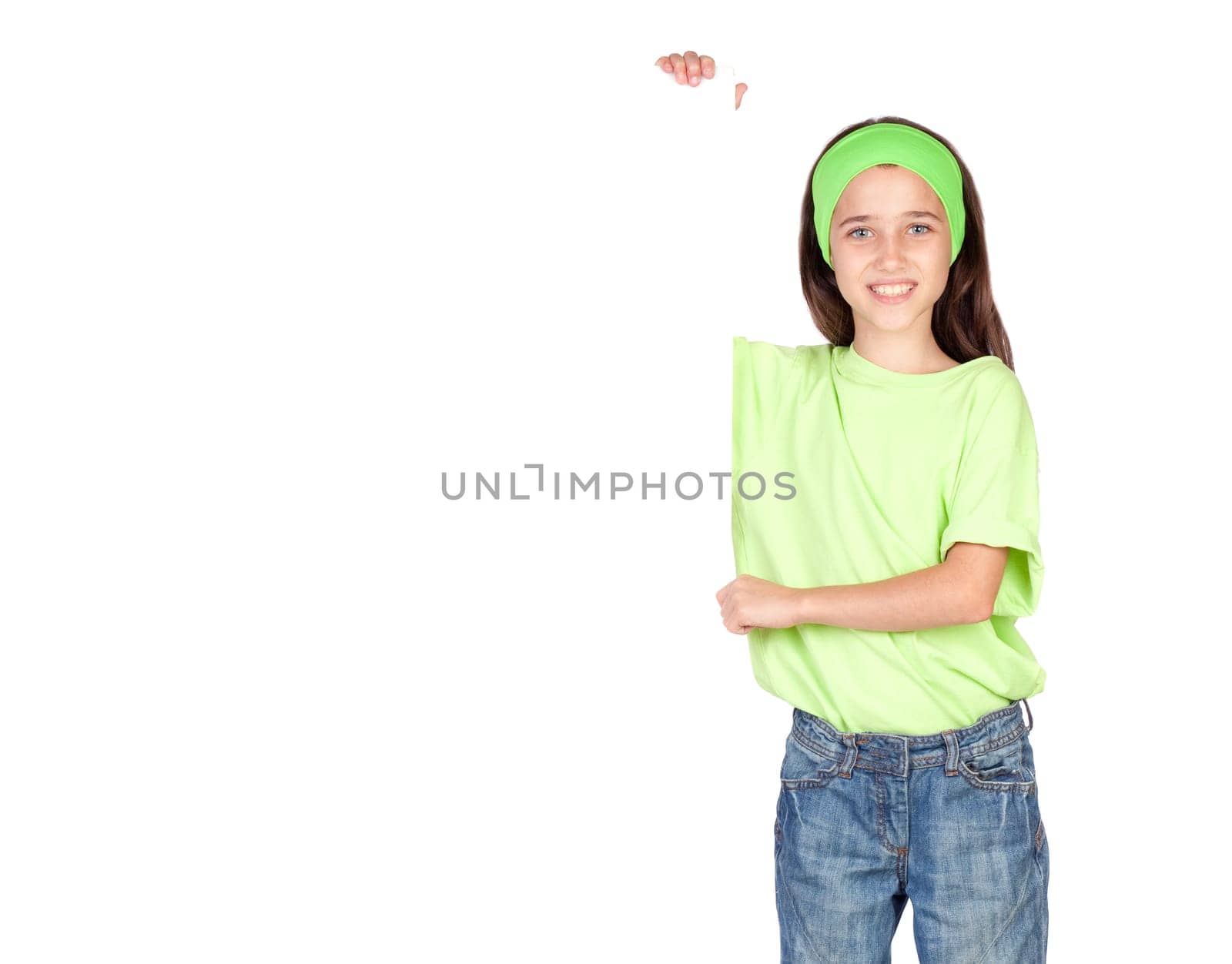 Adorable little girl with a blank poster isolated on white background