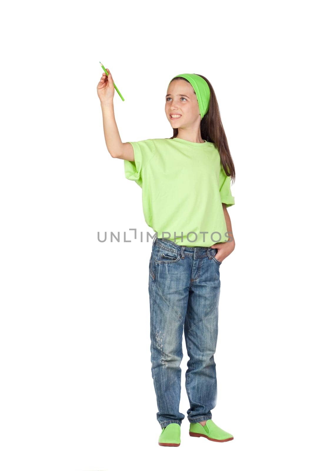 Adorable little girl writing isolated on white background