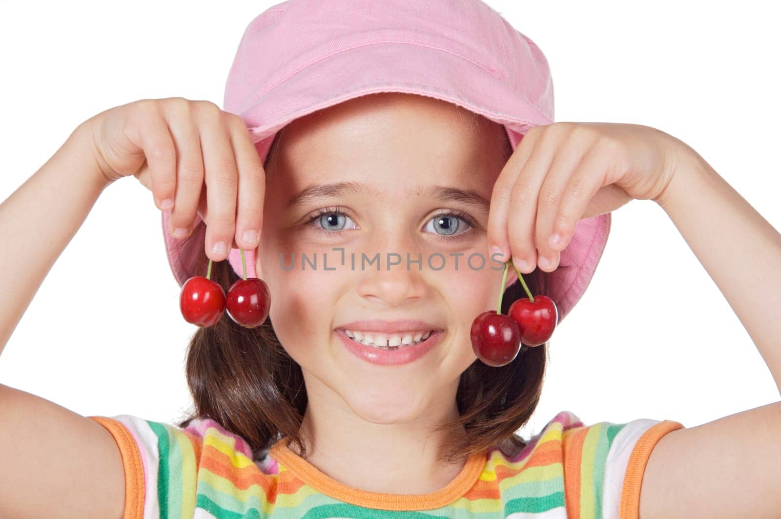 Cute girl with fresh cherries isolated on white