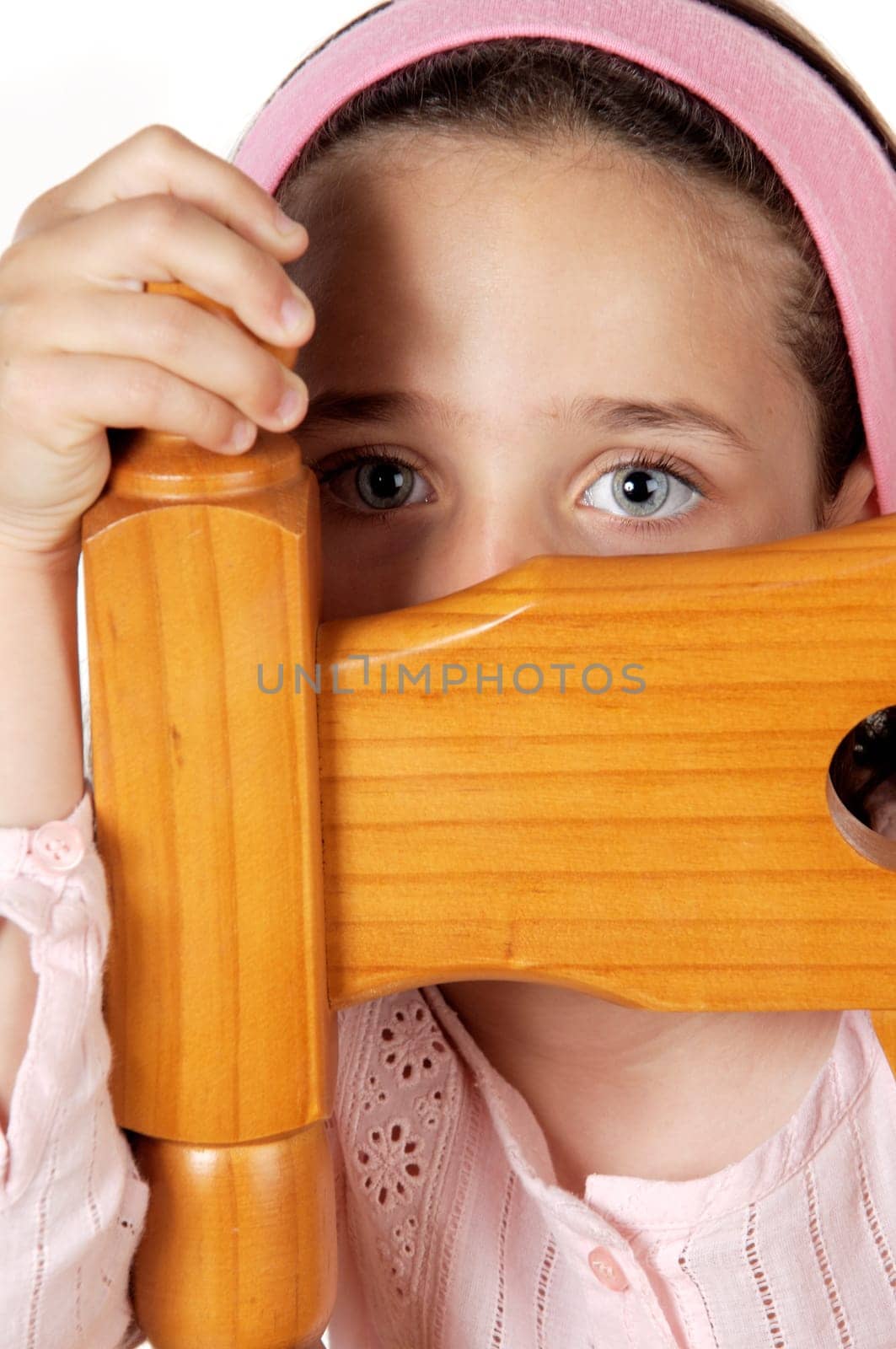 Timid hidden girl a over white background