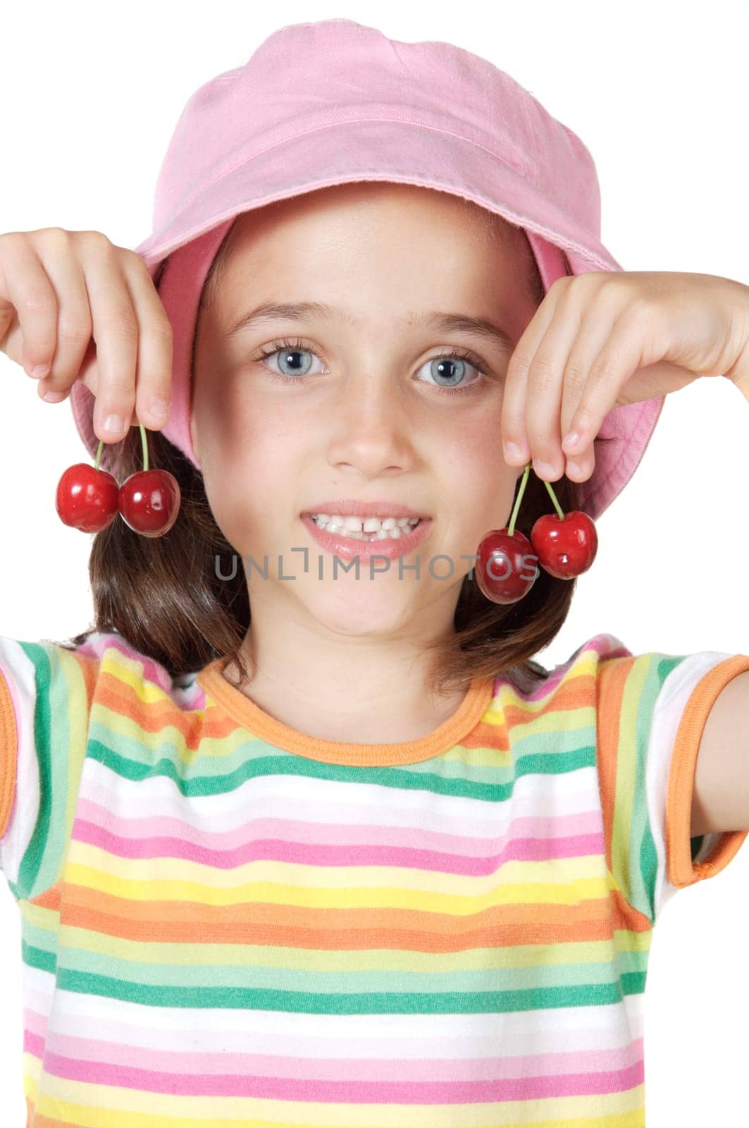 Cute girl with fresh cherries isolated on white