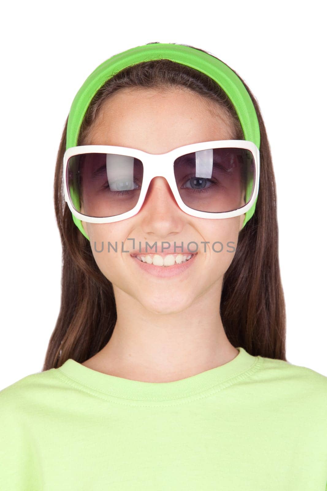 Adorable little girl with funny sunglasses isolated on white background