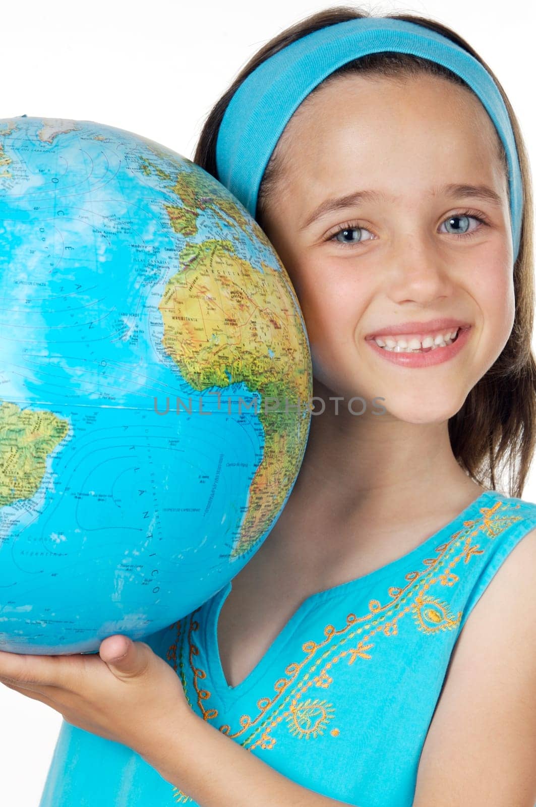 Girl with a globe of the world over white background