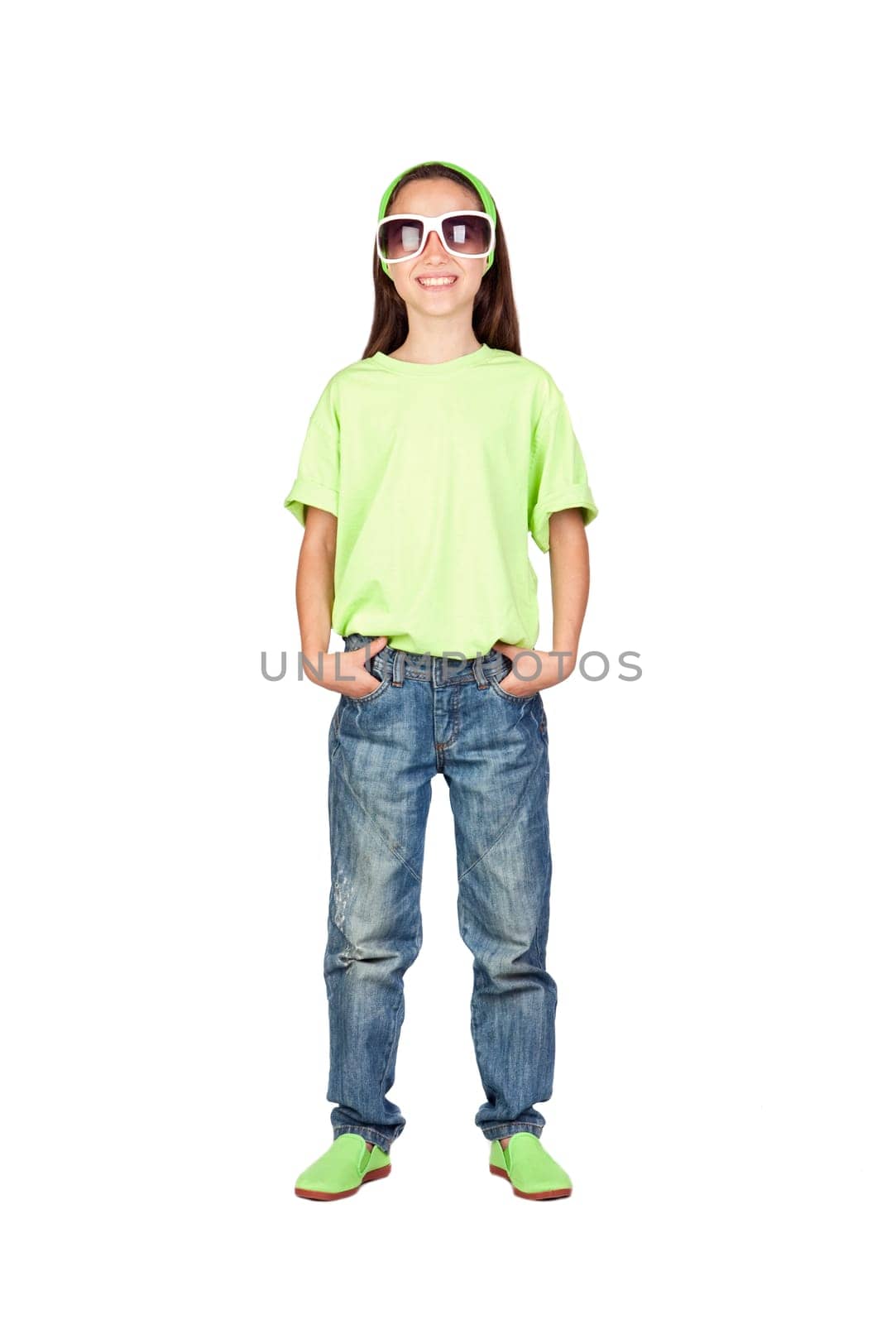 Adorable little girl with funny sunglasses isolated on white background