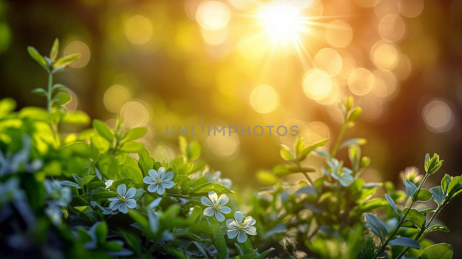 Soft sunlight dances through vibrant green leaves, highlighting small white flowers in a tranquil garden during the golden hour - Generative AI
