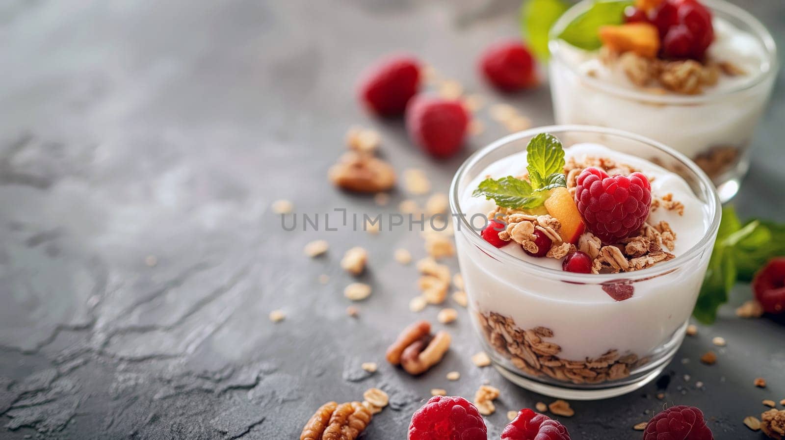 Two clear cups hold creamy yogurt layered with granola and topped with vibrant raspberries and mint on a dark stone surface - Generative AI