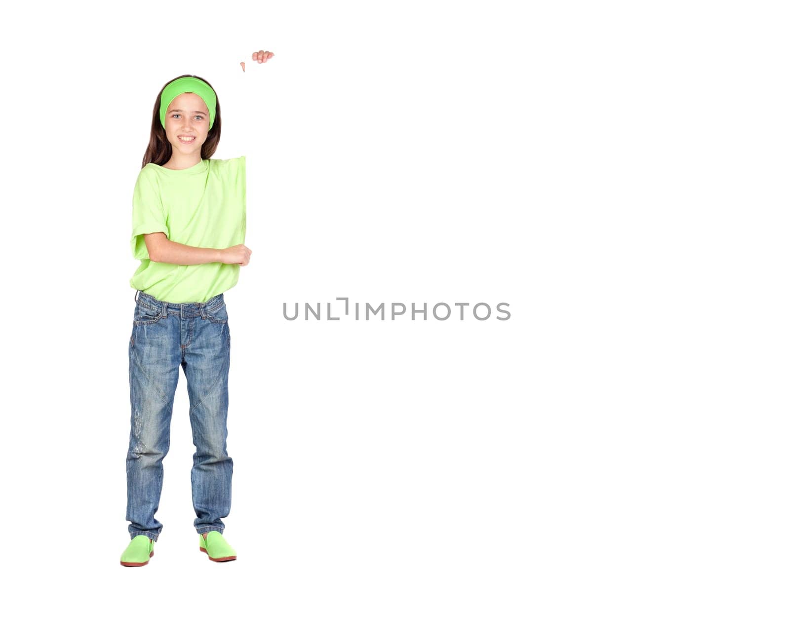 Adorable little girl with a blank poster isolated on white background