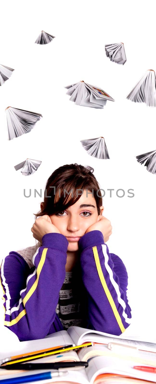 View of a teenager school girl looking at the camera with an upset expression.