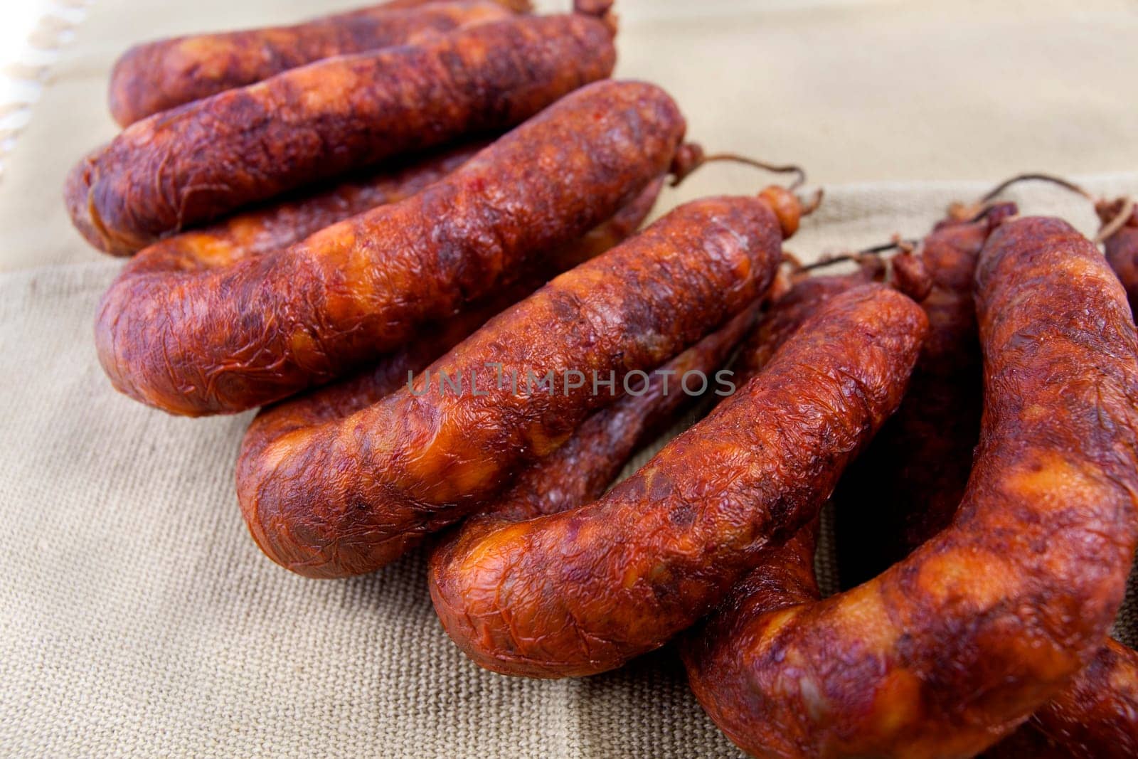 Close up view of some traditional Portuguese chorizo on a table