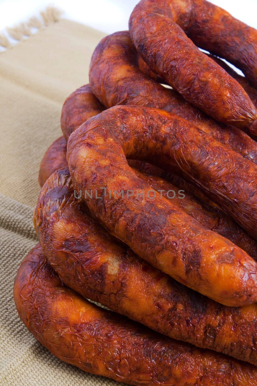 Close up view of some traditional Portuguese chorizo on a table