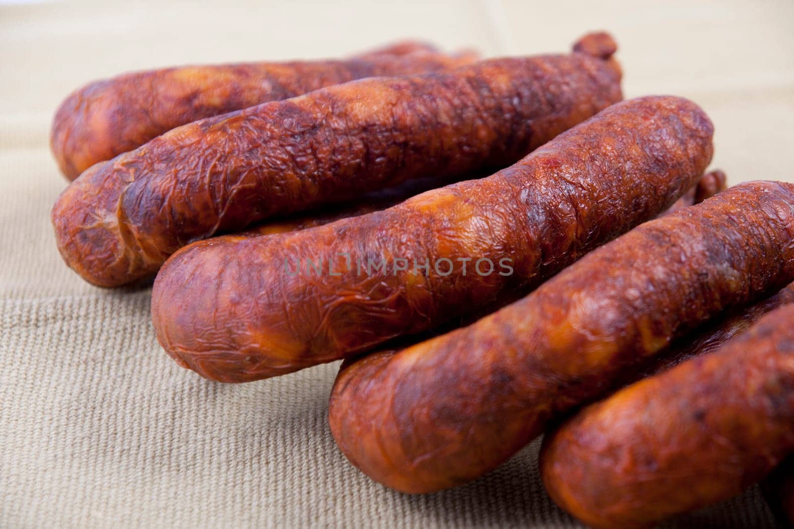 Close up view of some traditional Portuguese chorizo on a table