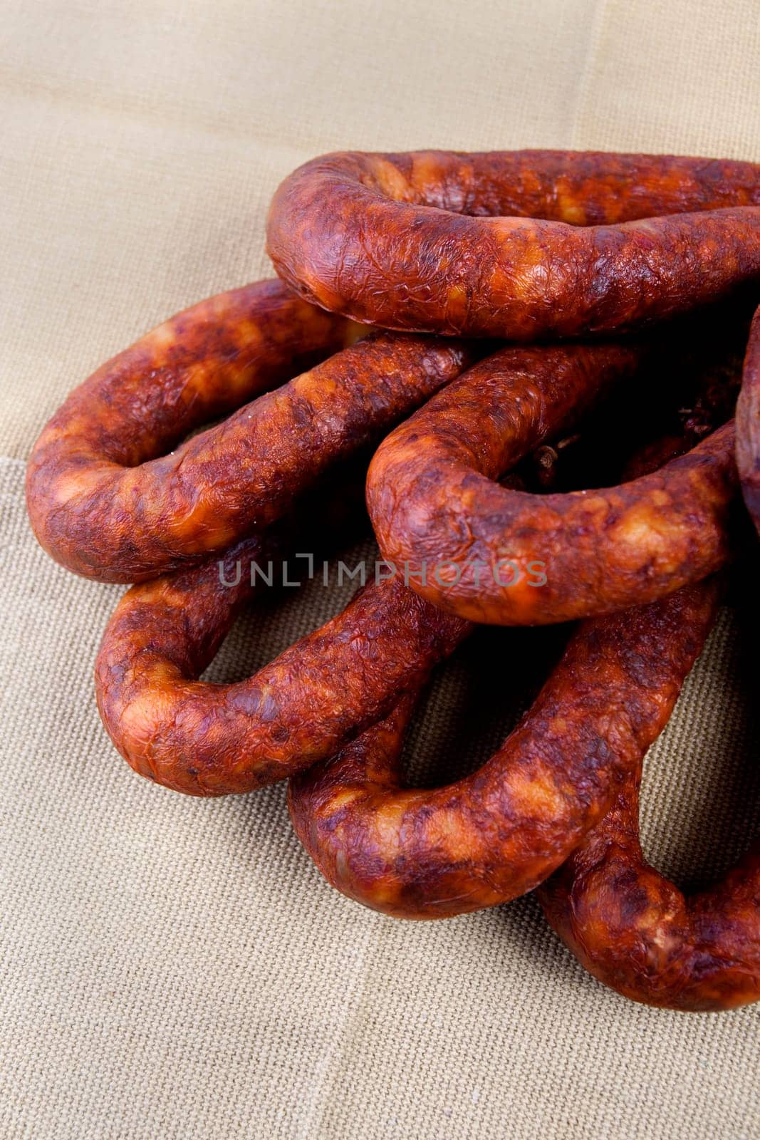 Close up view of some traditional Portuguese chorizo on a table